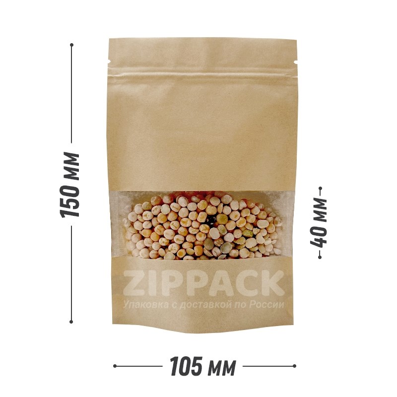 КРАФТ ДОЙ-ПАКЕТ 105х150 мм С ОКНОМ 40 мм и замком zip-lock D1800