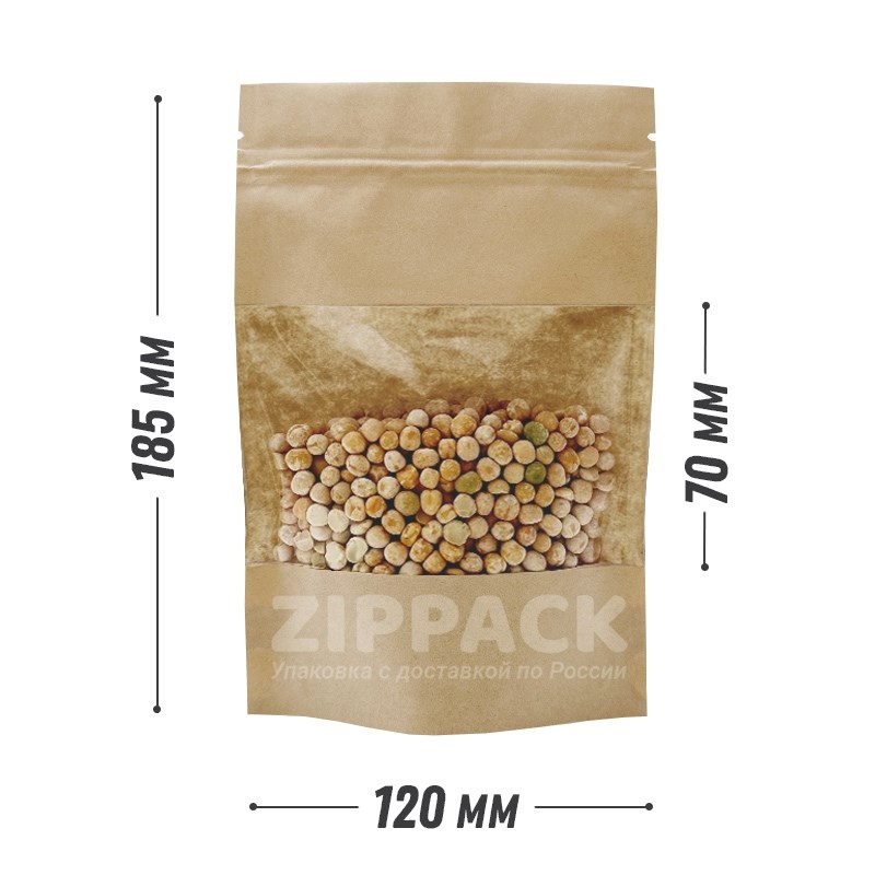 КРАФТ ДОЙ-ПАКЕТ 120х185 мм С ОКНОМ 70 мм и замком zip-lock D1804