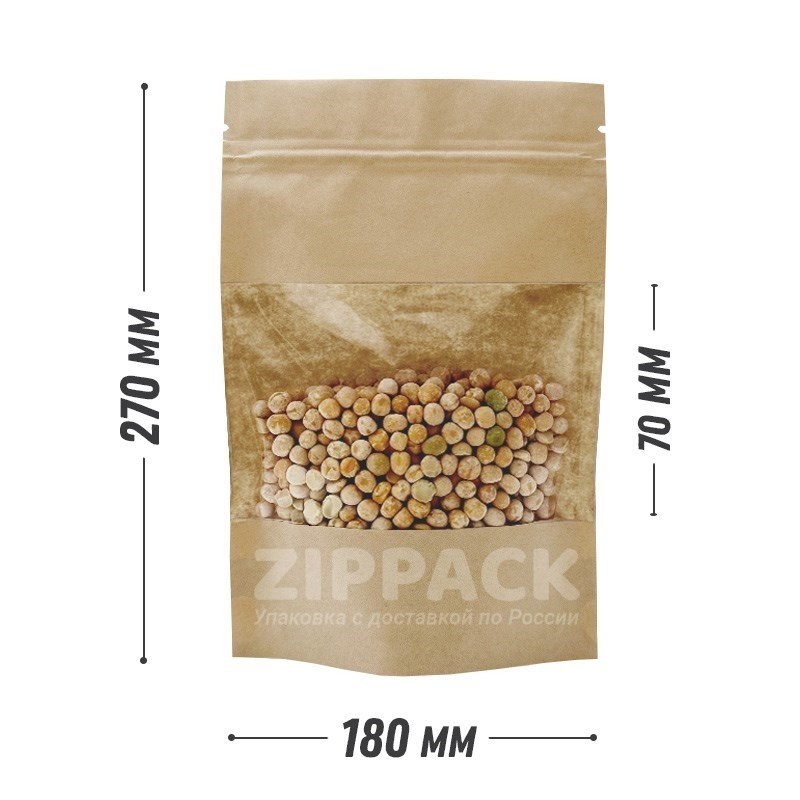 КРАФТ ДОЙ-ПАКЕТ 180х270 мм С ОКНОМ 70 мм и замком zip-lock D1836